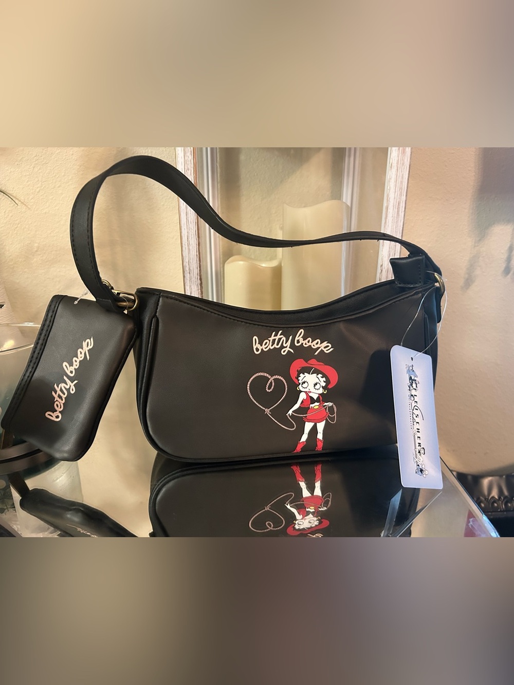 Betty Boop Black Shoulder Bag with Red cowgirl Accent Character and coin pouch